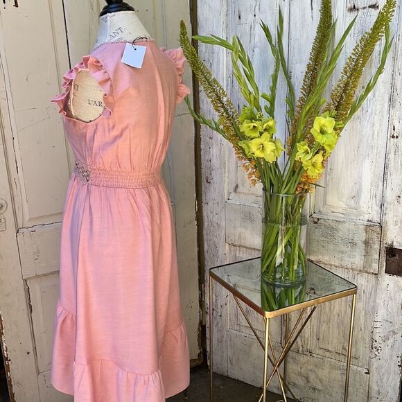 DUSKY PINK HI-LOW SLEEVELESS RUFFLE SUMMER DRESS BNWT Size S M L - Picture 7 of 8